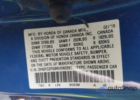 2019 Honda Civic Lx z USA, uszkodzony, nr VIN 2HGFC2F6XKH540397